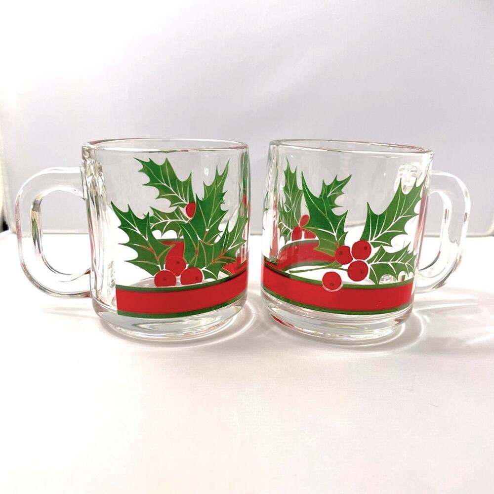 Vintage Libbey Christmas Mug Set of 2 Holly Berry Clear for Holidays